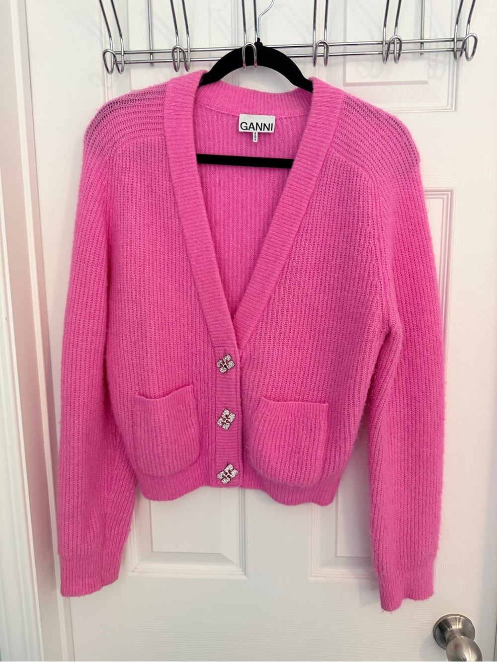 Ganni Hot Pink V-Neck Knit Cardigan with Jeweled Buttons